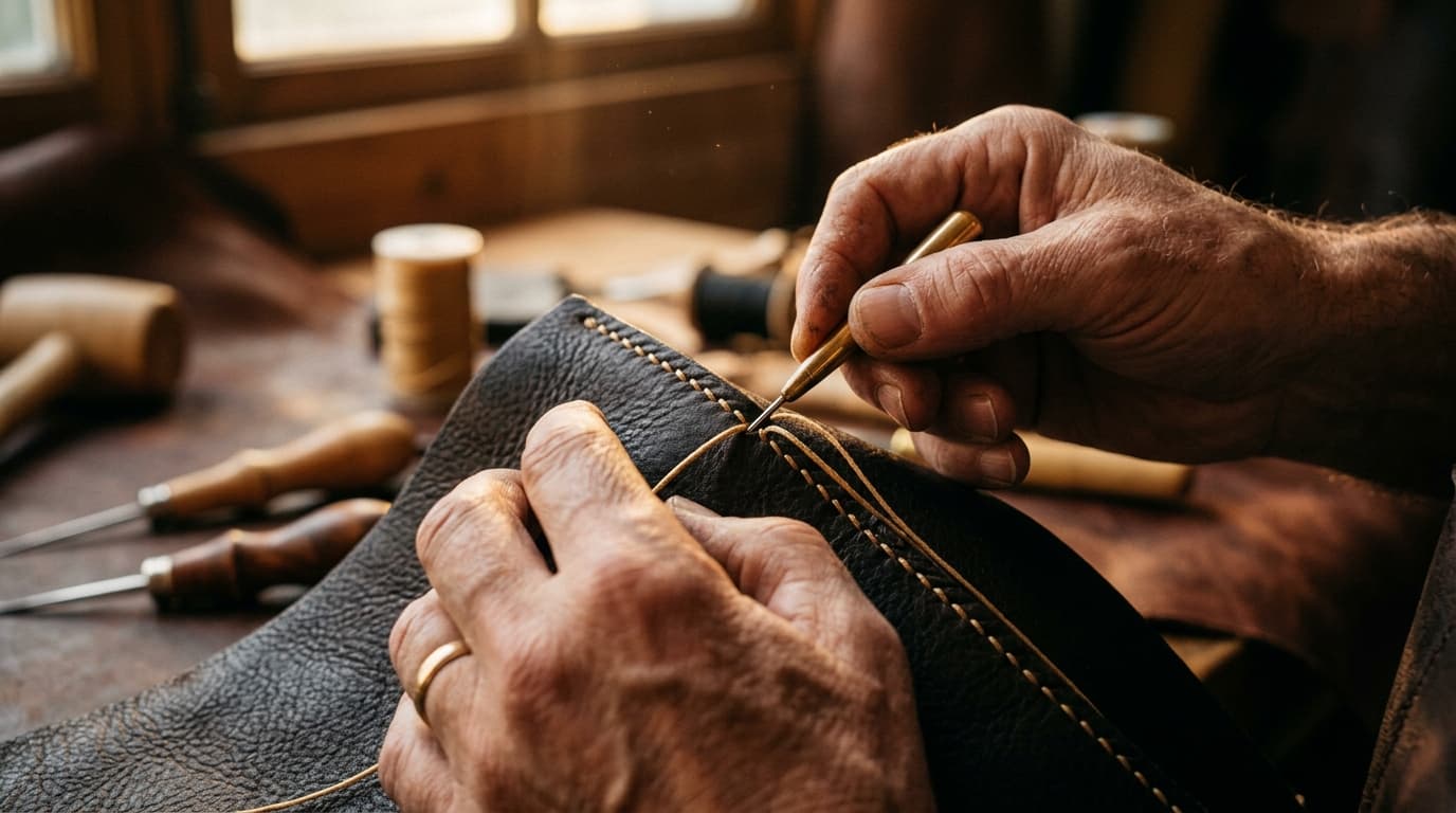 Hands hand-stitching a pale thread seam on black leather