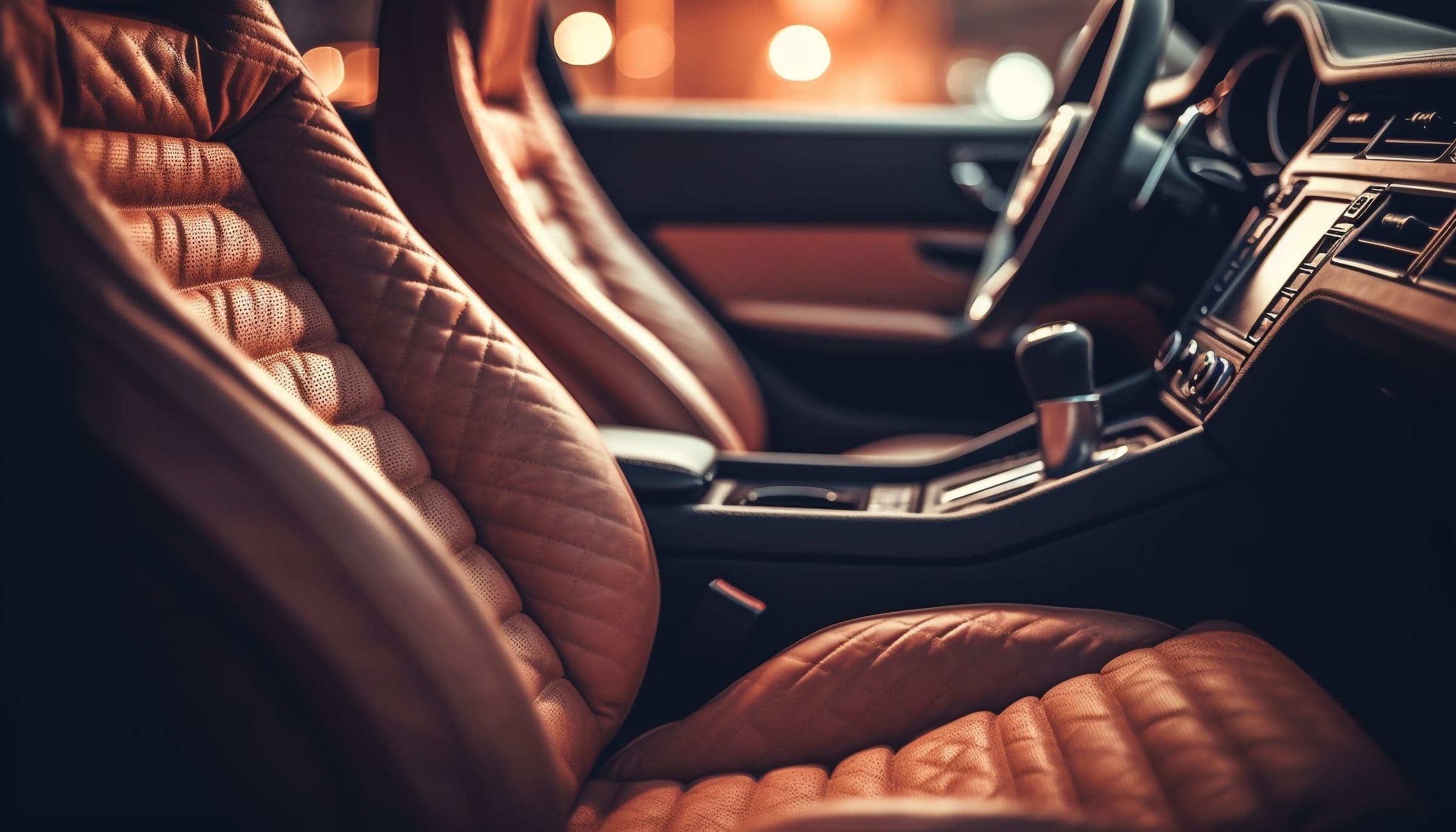 Front seats of a car in cognac leather with diamond quilting, the dashboard out of focus behind