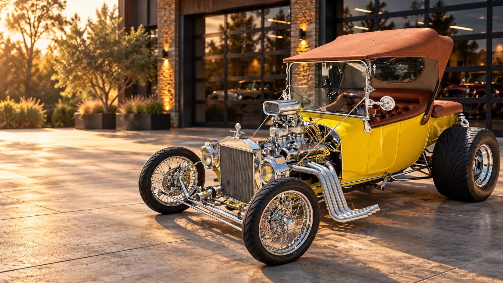 Yellow classic hot rod with a cognac leather hood and buttoned seat, parked outside a garage at sunset