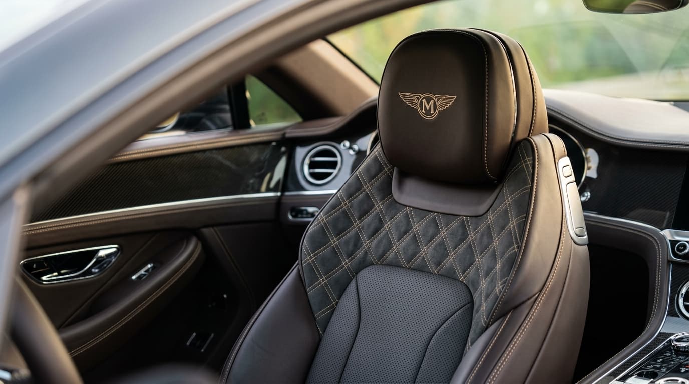 Front seat of a grand tourer in grey leather with diamond quilting