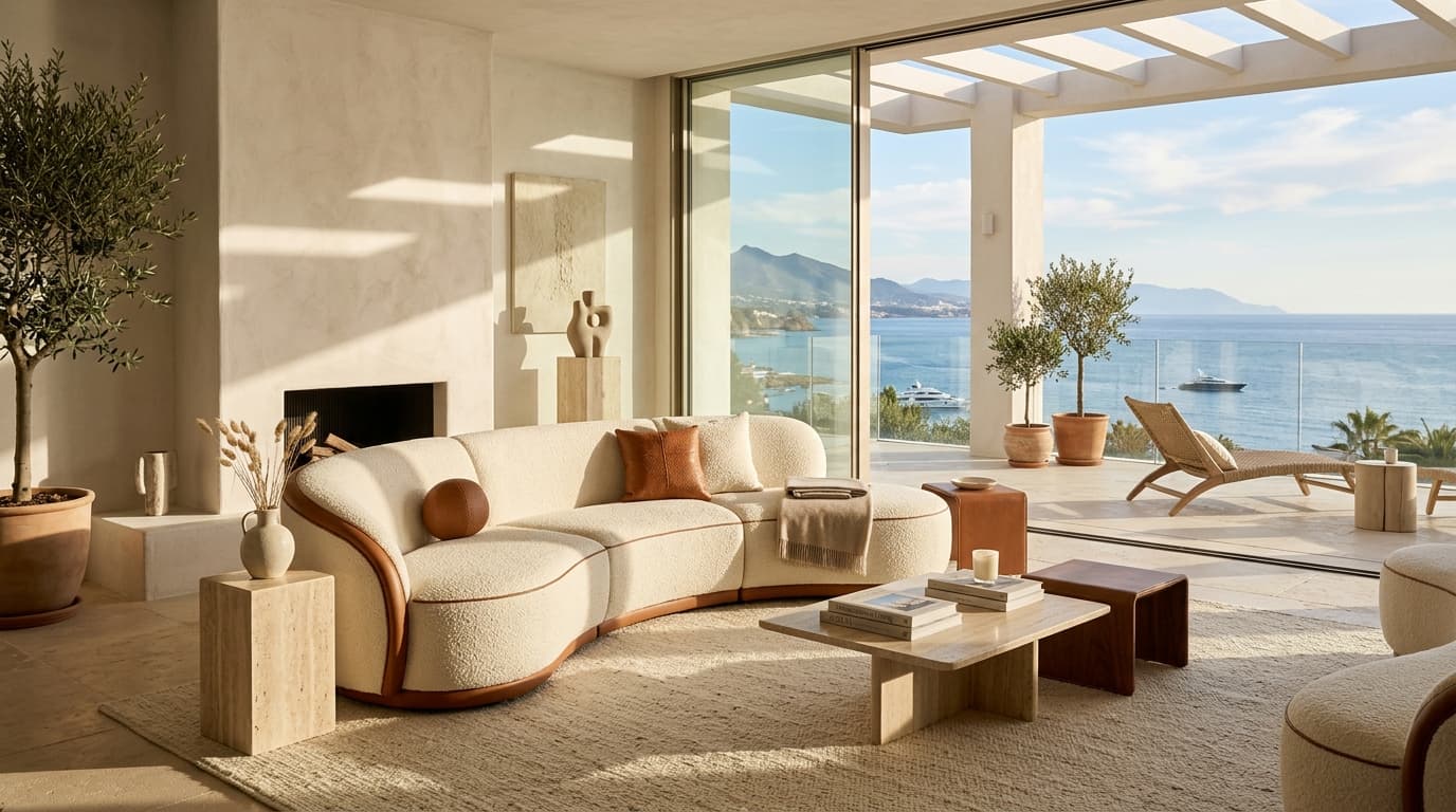 Sofá curvo contemporáneo tapizado en lino marfil con vistas panorámicas al mar